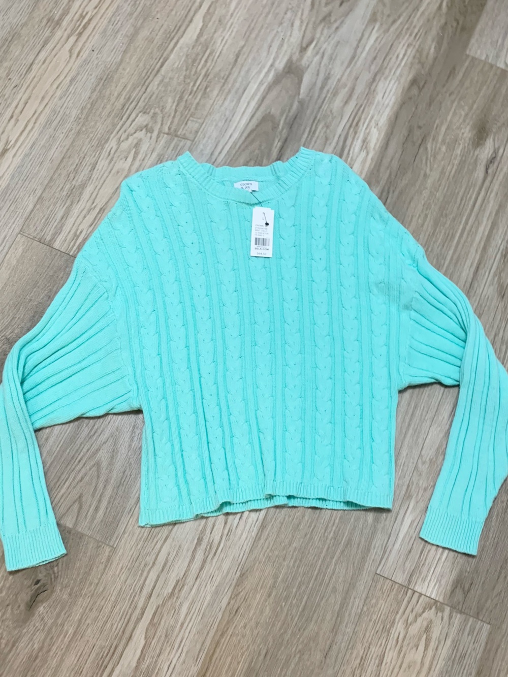 Crown & Ivy Mint Green Slouchy Drop Shoulder Crewneck Cableknit Sweater L NEW